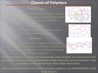 Classes of Polymers
Thermoplastics:
Consist of flexible linear molecular chains that are
tangled together like a plate of spaghetti or bucket
of worms. They soften when heated.
Thermosets:
Remain rigid when heated & usually consist of a
highly cross-linked, 3D network.
Elastomers:
Consist of linear polymer chains that are lightly
cross-linked. Stretching an elastomer causes chains
to partially untangle but not deform permanently
(like the thermoplastics).
Of all the materials, polymers are perhaps the most versatile, not only because the
properties can be drastically modified by simple chemistry, but the behavior is also
dependent on the architecture of the chains themselves.
From proteins to bullet-proof jackets to bottles, polymers are INDISPENSIBLE to life
as we know it
 