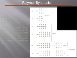 Polymer Synthesis - I
Addition
in which one “mer” is added to
the structure at a time.
This process is begun by an
initiator that "opens up" a C=C
double bond, attaches itself to
one of the resulting single
bonds, & leaves the second
one dangling to repeat the
process
 