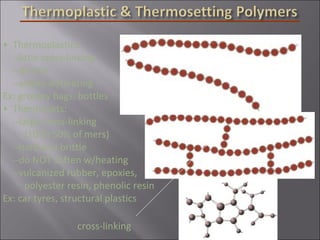 • Thermoplastics:
--little cross-linking
--ductile
--soften w/heating
Ex: grocery bags, bottles
• Thermosets:
--large cross-linking
(10 to 50% of mers)
--hard and brittle
--do NOT soften w/heating
--vulcanized rubber, epoxies,
polyester resin, phenolic resin
Ex: car tyres, structural plastics
cross-linking
 