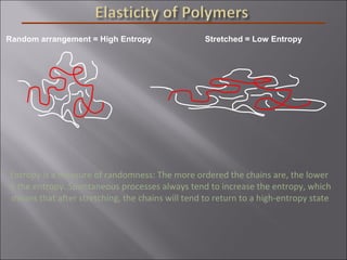 Random arrangement = High Entropy Stretched = Low Entropy
Entropy is a measure of randomness: The more ordered the chains are, the lower
is the entropy. Spontaneous processes always tend to increase the entropy, which
means that after stretching, the chains will tend to return to a high-entropy state
 