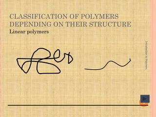 CLASSIFICATION OF POLYMERS
DEPENDING ON THEIR STRUCTURE
Linear polymers




                                   Introduction to Polymers
                               6
 