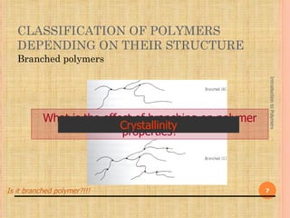 CLASSIFICATION OF POLYMERS
   DEPENDING ON THEIR STRUCTURE
   Branched polymers




                                                            Introduction to Polymers
           What is the effect of branching on polymer
                           Crystallinity
                           properties?




Is it branched polymer?!!!                              7
 