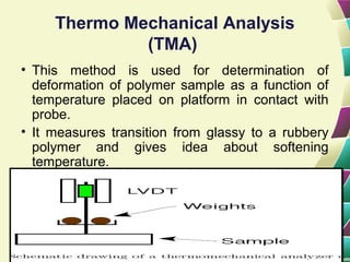 Thermo Mechanical Analysis
(TMA)
• This method is used for determination of
deformation of polymer sample as a function of
temperature placed on platform in contact with
probe.
• It measures transition from glassy to a rubbery
polymer and gives idea about softening
temperature.
 
