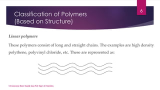 Classification of Polymers 
(Based on Structure) 
Linear polymers 
6 
These polymers consist of long and straight chains. The examples are high density 
polythene, polyvinyl chloride, etc. These are represented as: 
V.S.Saravana Mani, Head& Asso.Prof, Dept. of Chemistry. 
 