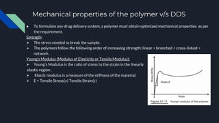 Mechanical properties of the polymer v/s DDS
● To formulate any drug delivery system, a polymer must obtain optimized mechanical properties as per
the requirement.
Strength:
 The stress needed to break the sample.
 The polymers follow the following order of increasing strength: linear < branched < cross-linked <
network.
Young’s Modulus (Modulus of Elasticity or Tensile Modulus):
 Young’s Modulus is the ratio of stress to the strain in the linearly
elastic region .
 Elastic modulus is a measure of the stiffness of the material.
 E = Tensile Stress(𝜎) Tensile Strain(𝜀)
 