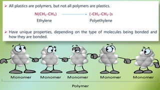  All plastics are polymers, but not all polymers are plastics.
N(CH₂-CH₂) (-CH₂-CH₂-)s
Ethylene Polyethylene
 Have unique properties, depending on the type of molecules being bonded and
how they are bonded.
 
