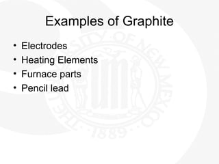 Examples of Graphite
• Electrodes
• Heating Elements
• Furnace parts
• Pencil lead
 