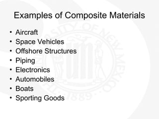 Examples of Composite Materials
• Aircraft
• Space Vehicles
• Offshore Structures
• Piping
• Electronics
• Automobiles
• Boats
• Sporting Goods
 