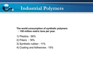 Theworldconsumptionofsyntheticpolymers 
:150millionmetrictonsperyear. 
1)Plastics:56% 
2)Fibers:18% 
3)Syntheticrubber:11% 
4)CoatingandAdhesives:15% 
Industrial Polymers  