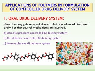 APPLICATIONS OF POLYMERS IN FORMULATION
OF CONTROLLED DRUG DELIVERY SYSTEM
1. ORAL DRUG DELIVERY SYSTEM:
Here, the drug gets released at controlled rate when administered
orally. For that several mechanisms are involved.
a) Osmotic pressure controlled GI delivery system
b) Gel diffusion controlled GI delivery system
c) Muco-adhesive GI delivery system
 
