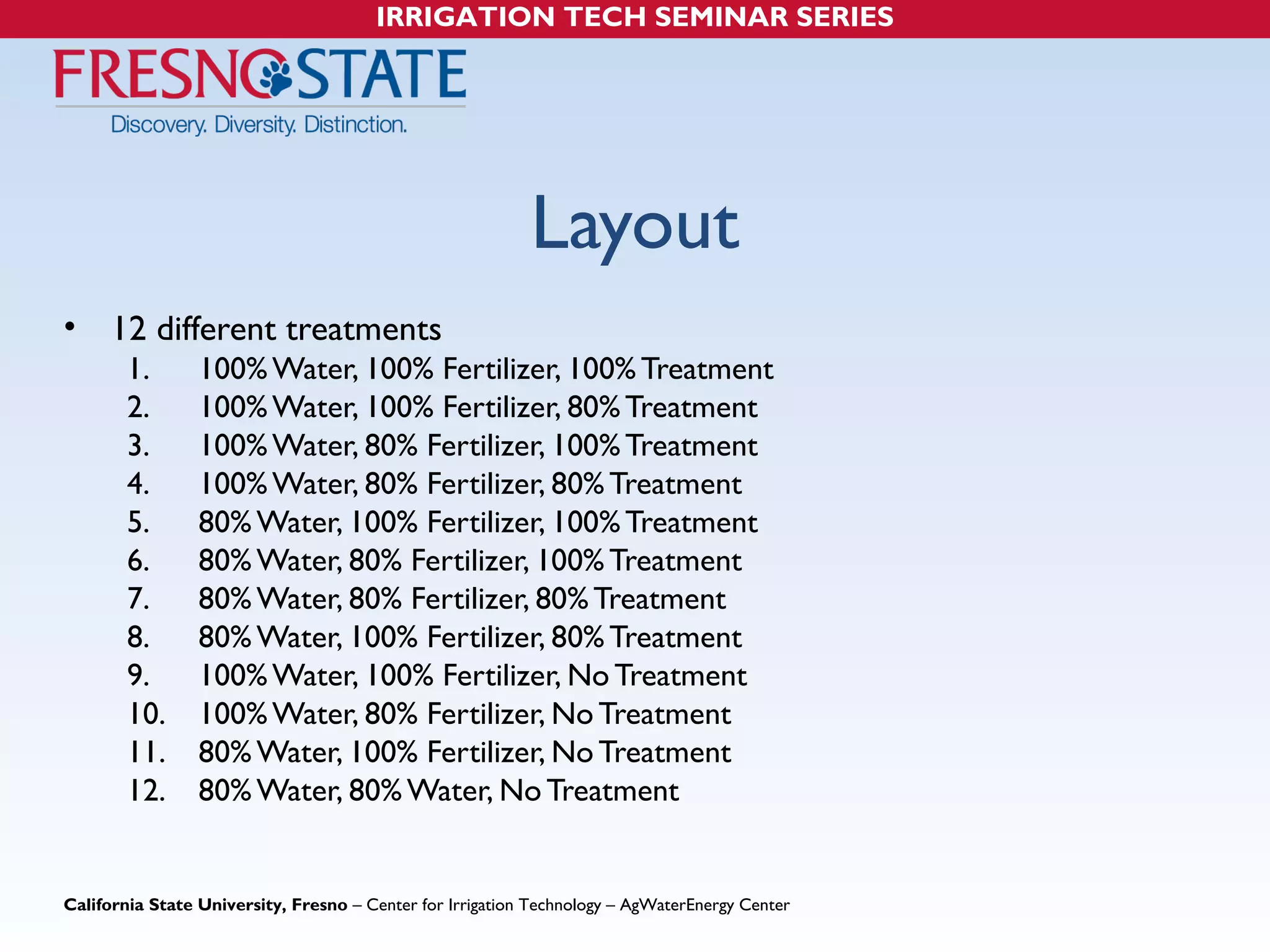 IRRIGATION TECH SEMINAR SERIES 
Layout 
• 12 different treatments 
1. 100% Water, 100% Fertilizer, 100% Treatment 
2. 100% Water, 100% Fertilizer, 80% Treatment 
3. 100% Water, 80% Fertilizer, 100% Treatment 
4. 100% Water, 80% Fertilizer, 80% Treatment 
5. 80% Water, 100% Fertilizer, 100% Treatment 
6. 80% Water, 80% Fertilizer, 100% Treatment 
7. 80% Water, 80% Fertilizer, 80% Treatment 
8. 80% Water, 100% Fertilizer, 80% Treatment 
9. 100% Water, 100% Fertilizer, No Treatment 
10. 100% Water, 80% Fertilizer, No Treatment 
11. 80% Water, 100% Fertilizer, No Treatment 
12. 80% Water, 80% Water, No Treatment 
California State University, Fresno – Center for Irrigation Technology – AgWaterEnergy Center 
 