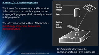 6.Atomic force microscopy(AFM):-
The Atomic force microscopy or AFM provides
information on structure through nanoscale
imaging of topography which is usually acquired
in tapping mode.
The information obtained fromAFM includes
morphology, dispersion, domain size,
internal structure.
Fig-Schematic describing the
operation of atomic force microscope5/9/2017
25CHARACTERIZATION OF POLYMERS-by Siddharth.R.Adsul
 