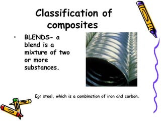 Classification of
composites
• BLENDS- a
blend is a
mixture of two
or more
substances. 
Eg: steel, which is a combination of iron and carbon. 
 