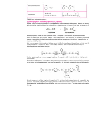 Phenol-methanal plastics
Polyurethanes
Table 2 Some condensation polymers.
(b) Homopolymers and heteropolymers (co-polymers)
Another way of characterising polymers is to divide them into homopolymers and heteropolymers. Many of the well known
polymers such as poly(chloroethene) are produced from a single monomer and so are referred to as homopolymers (Table 1):
A heteropolymer, or as they are more commonly known, a co-polymer, is produced from two or more monomers.
There are several types of co-polymer. One type is produced when two or more monomers are mixed and polymerized
together. Depending on the reactivities of the monomers, they may form polymers with different arrangements of the
monomer units (Figure 2).
SBS is an example of a block co-polymer. SBS is so named with S referring to Styrene (phenylethene) and B for Buta-1,3-diene.
First, phenylethene is polymerized. Buta-1,3-diene is then added and adds on to both the reactive ends of the
poly(phenylethene) molecules to form SBS:
Another type of co-polymer is known as a graft co-polymer. An example is ABS. A is Acrylonitrile, the trivial name for
propenonitrile.
The backbone of the polymer is formed from phenylethene (styrene) and buta-1,3-diene. Propenonitrile (acrylonitrile) is added
to the system and forms a grafted side chain onto the backbone. The nitrile adds to the double bond on the butadiene unit:
Co-polymers are very useful as they have the properties of the constituent polymers and thus can be produced for specific
purposes. For example, poly(phenylethene) (polystyrene) is brittle but when it is co-polymerized with buta-1,3-diene, the latter
gives the polymer resilience and strength. Known as High Impact Polystyrene (HIPS), it can now receive impacts without
damage.
 