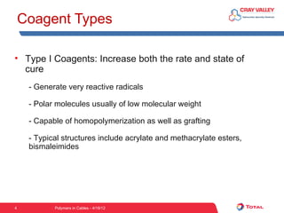 Coagent Types

• Type I Coagents: Increase both the rate and state of
  cure
     - Generate very reactive radicals

     - Polar molecules usually of low molecular weight

     - Capable of homopolymerization as well as grafting

     - Typical structures include acrylate and methacrylate esters,
     bismaleimides




4           Polymers in Cables - 4/18/12
 