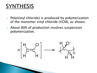 ● Poly(vinyl chloride) is produced by polymerization
of the monomer vinyl chloride (VCM), as shown.
● About 80% of production involves suspension
polymerization.
 