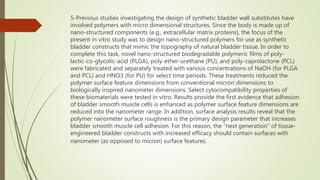 5-Previous studies investigating the design of synthetic bladder wall substitutes have
involved polymers with micro dimensional structures. Since the body is made up of
nano-structured components (e.g., extracellular matrix proteins), the focus of the
present in vitro study was to design nano-structured polymers for use as synthetic
bladder constructs that mimic the topography of natural bladder tissue. In order to
complete this task, novel nano-structured biodegradable polymeric films of poly-
lactic-co-glycolic-acid (PLGA), poly-ether-urethane (PU), and poly-caprolactone (PCL)
were fabricated and separately treated with various concentrations of NaOH (for PLGA
and PCL) and HNO3 (for PU) for select time periods. These treatments reduced the
polymer surface feature dimensions from conventional micron dimensions to
biologically inspired nanometer dimensions. Select cytocompatibility properties of
these biomaterials were tested in vitro. Results provide the first evidence that adhesion
of bladder smooth muscle cells is enhanced as polymer surface feature dimensions are
reduced into the nanometer range. In addition, surface analysis results reveal that the
polymer nanometer surface roughness is the primary design parameter that increases
bladder smooth muscle cell adhesion. For this reason, the “next generation” of tissue-
engineered bladder constructs with increased efficacy should contain surfaces with
nanometer (as opposed to micron) surface features.
 