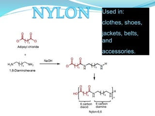 Used in:
clothes, shoes,
jackets, belts,
and
accessories.
HO N
H
N
H
H
O O
4 4
n
6 carbon
diacid
6 carbon
diamine
Nylon-6,6
+
 