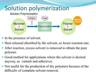 Solution polymerization
 In the presence of solvent.
 Heat released absorbed by the solvent, so lesser reaction rate.
 After reaction, excess solvent is removed to obtain the pure
polymer.
 Good method for applications where the solvent is desired
anyway, as varnish and adhesives.
 Not useful for the production of dry polymers because of the
difficulty of complete solvent removal.
 