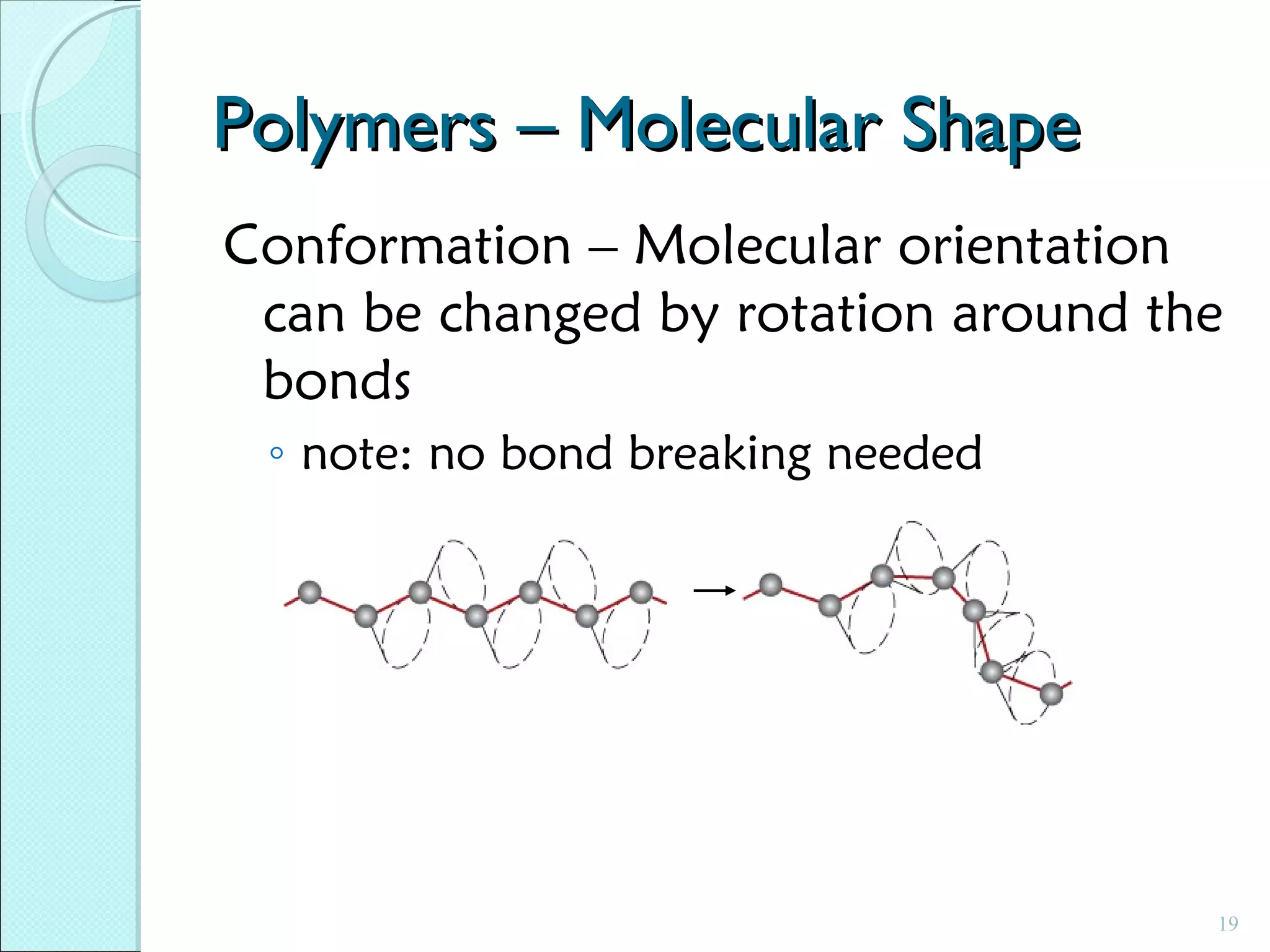 Polymers – Molecular Shape
Conformation – Molecular orientation
can be changed by rotation around the
bonds
◦ note: no bond breaking needed

19

 