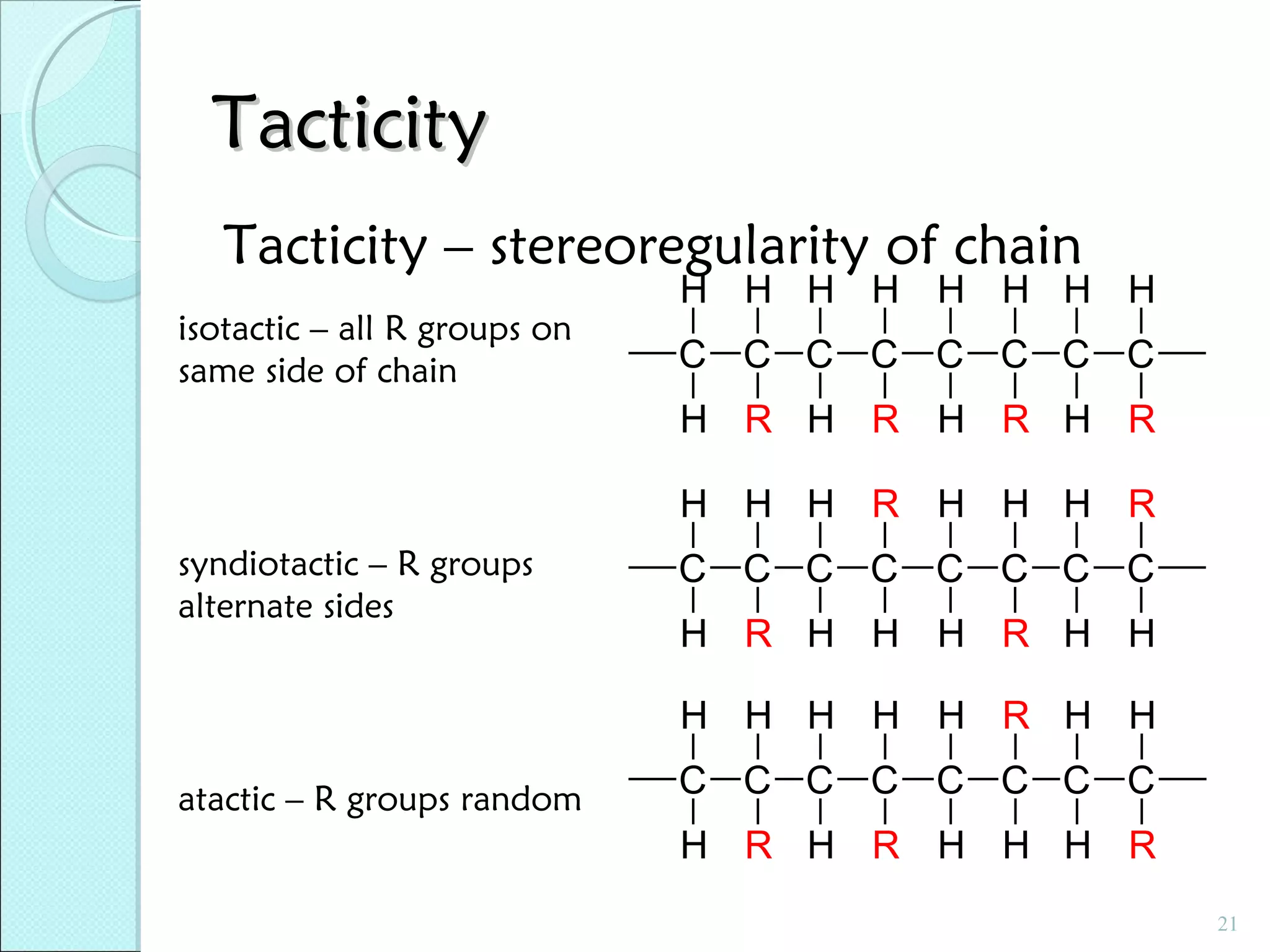 Tacticity
Tacticity – stereoregularity of chain
isotactic – all R groups on
same side of chain

H H H H H H H H

C C C C C C C C
H R H R H R H R
H H H R H H H R

syndiotactic – R groups
alternate sides

C C C C C C C C
H R H H H R H H
H H H H H R H H

atactic – R groups random

C C C C C C C C
H R H R H H H R
21

 