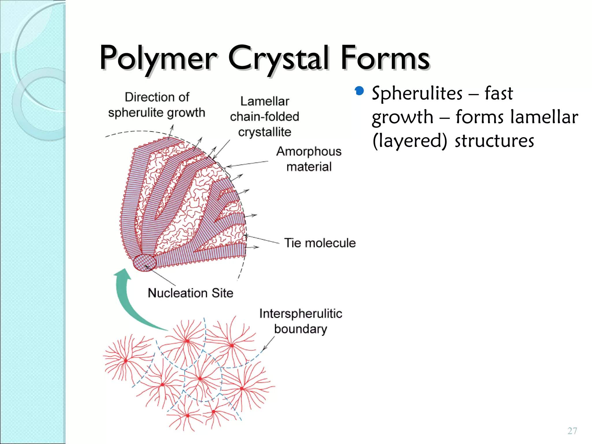 Polymer Crystal Forms
 Spherulites

– fast
growth – forms lamellar
(layered) structures

27

 