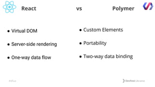 #dfua
React vs Polymer
● Virtual DOM
● Server-side rendering
● One-way data flow
● Custom Elements
● Portability
● Two-way data binding
 