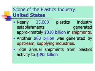 Scope of the Plastics Industry
United States
 Nearly 25,000 plastics industry
establishments generated
approximately $310 billion in shipments.
 Another $83 billion was generated by
upstream, supplying industries.
 Total annual shipments from plastics
activity to $393 billion
 