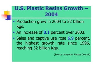 U.S. Plastic Resins Growth –
2004
 Production grew in 2004 to 52 billion
Kgs.
 An increase of 8.1 percent over 2003.
 Sales and captive use rose 6.9 percent,
the highest growth rate since 1996,
reaching 52 billion Kgs.
(Source: American Plastics Council)
 