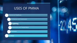 USES OF PMMA
Medical and Healthcare
Architecture and Construction
Lighting
Automotive and Transportation
Electronics
Furniture
 