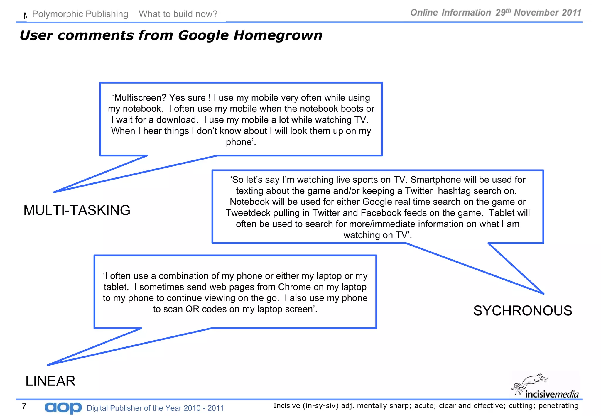 User comments from Google Homegrown ‘ Multiscreen? Yes sure ! I use my mobile very often while using my notebook.  I often use my mobile when the notebook boots or I wait for a download.  I use my mobile a lot while watching TV.  When I hear things I don’t know about I will look them up on my phone’. ‘ So let’s say I’m watching live sports on TV. Smartphone will be used for texting about the game and/or keeping a Twitter  hashtag search on.  Notebook will be used for either Google real time search on the game or Tweetdeck pulling in Twitter and Facebook feeds on the game.  Tablet will often be used to search for more/immediate information on what I am watching on TV’. ‘ I often use a combination of my phone or either my laptop or my tablet.  I sometimes send web pages from Chrome on my laptop to my phone to continue viewing on the go.  I also use my phone to scan QR codes on my laptop screen’. Polymorphic Publishing  What to build now?   Digital Publisher of the Year 2010 - 2011 LINEAR SYCHRONOUS MULTI-TASKING 