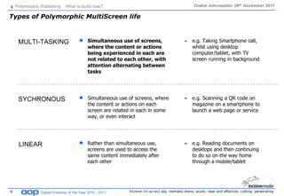 Types of Polymorphic MultiScreen life <ul><li>Simultaneous use of screens, where the content or actions being experienced ...