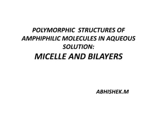 POLYMORPHIC STRUCTURES OF
AMPHIPHILIC MOLECULES IN AQUEOUS
SOLUTION:
MICELLE AND BILAYERS
ABHISHEK.M
 