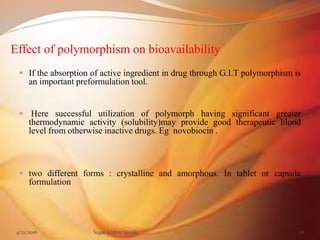 Effect of polymorphism on bioavailability
 If the absorption of active ingredient in drug through G.I.T polymorphism is
a...