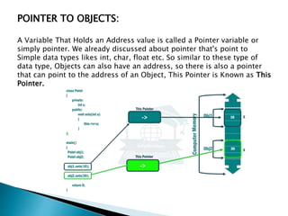 POINTER TO OBJECTS:
A Variable That Holds an Address value is called a Pointer variable or
simply pointer. We already discussed about pointer that's point to
Simple data types likes int, char, float etc. So similar to these type of
data type, Objects can also have an address, so there is also a pointer
that can point to the address of an Object, This Pointer is Known as This
Pointer.
 