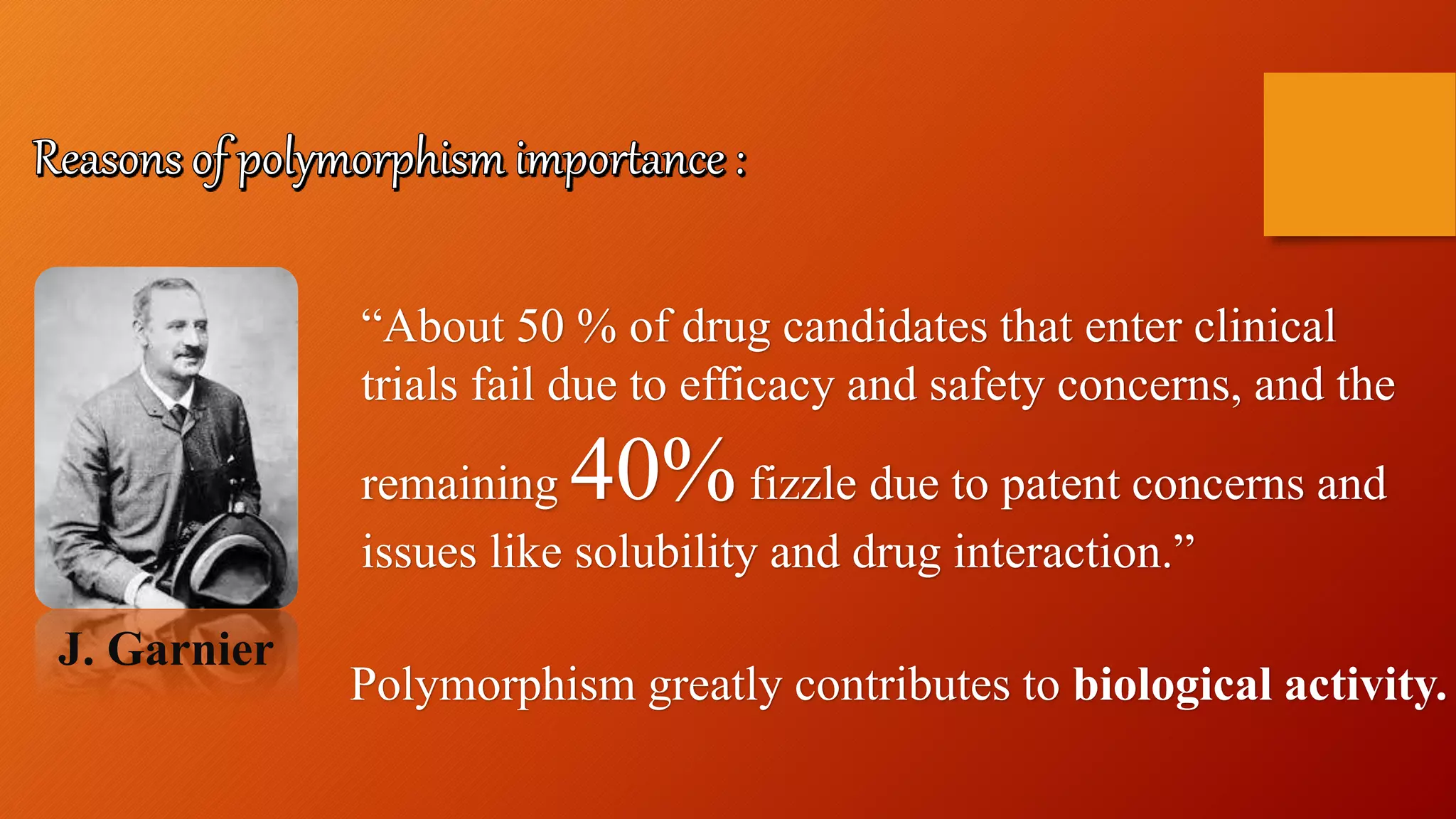 “About 50 % of drug candidates that enter clinical
trials fail due to efficacy and safety concerns, and the
remaining 40%fizzle due to patent concerns and
issues like solubility and drug interaction.”
J. Garnier
Polymorphism greatly contributes to biological activity.