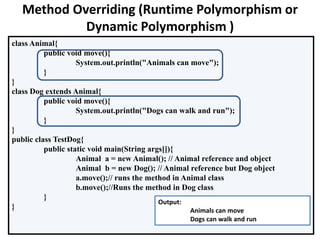 class Animal{
public void move(){
System.out.println("Animals can move");
}
}
class Dog extends Animal{
public void move(){
System.out.println("Dogs can walk and run");
}
}
public class TestDog{
public static void main(String args[]){
Animal a = new Animal(); // Animal reference and object
Animal b = new Dog(); // Animal reference but Dog object
a.move();// runs the method in Animal class
b.move();//Runs the method in Dog class
}
}
Method Overriding (Runtime Polymorphism or
Dynamic Polymorphism )
Output:
Animals can move
Dogs can walk and run
 