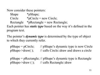 11
Now consider these pointers:
Shape *pShape;
Circle *pCircle = new Circle;
Rectangle *pRectangle = new Rectangle;
Each pointer has static type based on the way it’s defined in the
program text.
The pointer’s dynamic type is determined by the type of object
to which they currently refer.
pShape = pCircle; // pShape’s dynamic type is now Circle
pShape->draw( ); // calls Circle::draw and draws a circle
pShape = pRectangle; // pShape’s dynamic type is Rectangle
pShape->draw ( ); // calls Rectangle::draw
 