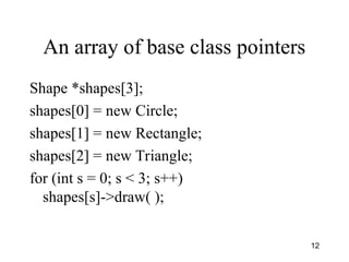 12
An array of base class pointers
Shape *shapes[3];
shapes[0] = new Circle;
shapes[1] = new Rectangle;
shapes[2] = new Triangle;
for (int s = 0; s < 3; s++)
shapes[s]->draw( );
 