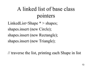 13
A linked list of base class
pointers
LinkedList<Shape * > shapes;
shapes.insert (new Circle);
shapes.insert (new Rectangle);
shapes.insert (new Triangle);
// traverse the list, printing each Shape in list
 