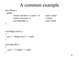 8
A common example
class Shape {
public:
virtual void draw ( ) const = 0; // pure virtual
virtual void error ( ); // virtual
void objectID ( ); // non virtual
};
void Shape::error ( )
{
cerr << “Shape error” << endl;
}
void objectID ( )
{
cout << “a shape” << endl;
}
 