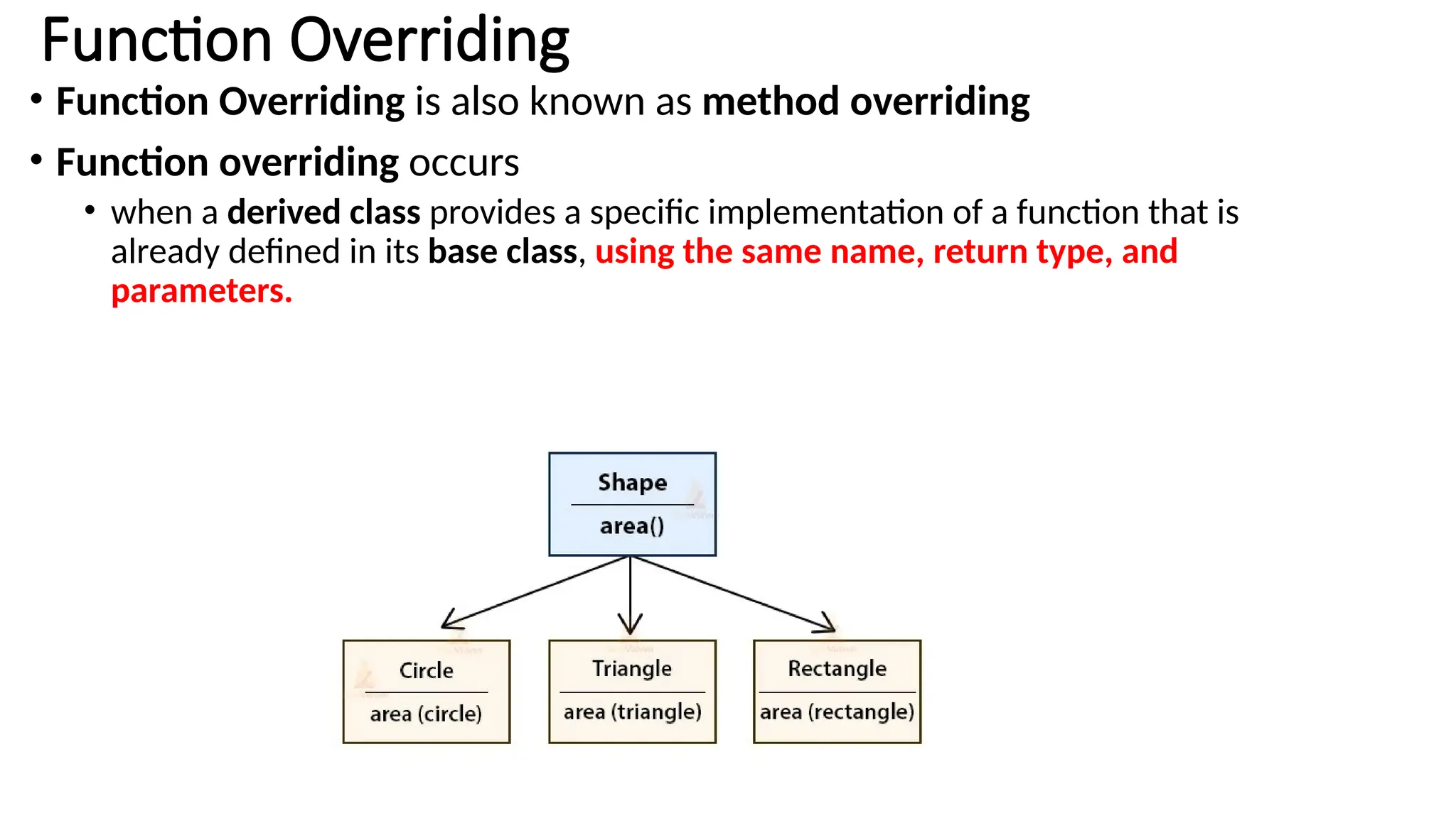 Function Overriding • Function Overriding is also known as method overriding • Function overriding occurs • when a derived class provides a specific implementation of a function that is already defined in its base class, using the same name, return type, and parameters. 