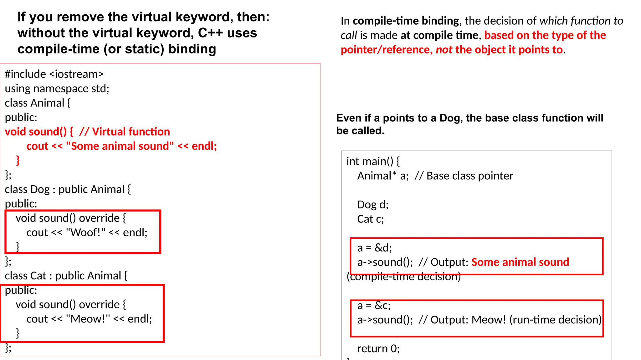#include <iostream> using namespace std; class Animal { public: void sound() { // Virtual function cout << "Some animal sound" << endl; } }; class Dog : public Animal { public: void sound() override { cout << "Woof!" << endl; } }; class Cat : public Animal { public: void sound() override { cout << "Meow!" << endl; } }; int main() { Animal* a; // Base class pointer Dog d; Cat c; a = &d; a->sound(); // Output: Some animal sound (compile-time decision) a = &c; a->sound(); // Output: Meow! (run-time decision) return 0; In compile-time binding, the decision of which function to call is made at compile time, based on the type of the pointer/reference, not the object it points to. If you remove the virtual keyword, then: without the virtual keyword, C++ uses compile-time (or static) binding Even if a points to a Dog, the base class function will be called. 