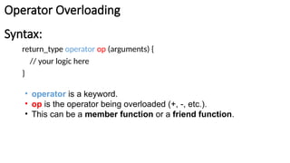 Syntax:
return_type operator op (arguments) {
// your logic here
}
• operator is a keyword.
• op is the operator being overloaded (+, -, etc.).
• This can be a member function or a friend function.
Operator Overloading
 