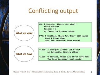 4Objects First with Java - A Practical Introduction using BlueJ, © David J. Barnes, Michael Kölling
Conflicting output
CD: A Swingin' Affair (64 mins)*CD: A Swingin' Affair (64 mins)*
Frank SinatraFrank Sinatra
tracks: 16tracks: 16
my favourite Sinatra albummy favourite Sinatra album
DVD: O Brother, Where Art Thou? (106 mins)DVD: O Brother, Where Art Thou? (106 mins)
Joel & Ethan CoenJoel & Ethan Coen
The Coen brothers’ best movieThe Coen brothers’ best movie!!
title: A Swingin' Affair (64 mins)*title: A Swingin' Affair (64 mins)*
my favourite Sinatra albummy favourite Sinatra album
title:title: O Brother, Where Art Thou? (106 mins)O Brother, Where Art Thou? (106 mins)
The Coen brothers’ best movieThe Coen brothers’ best movie!!
What we wantWhat we want
What we haveWhat we have
 