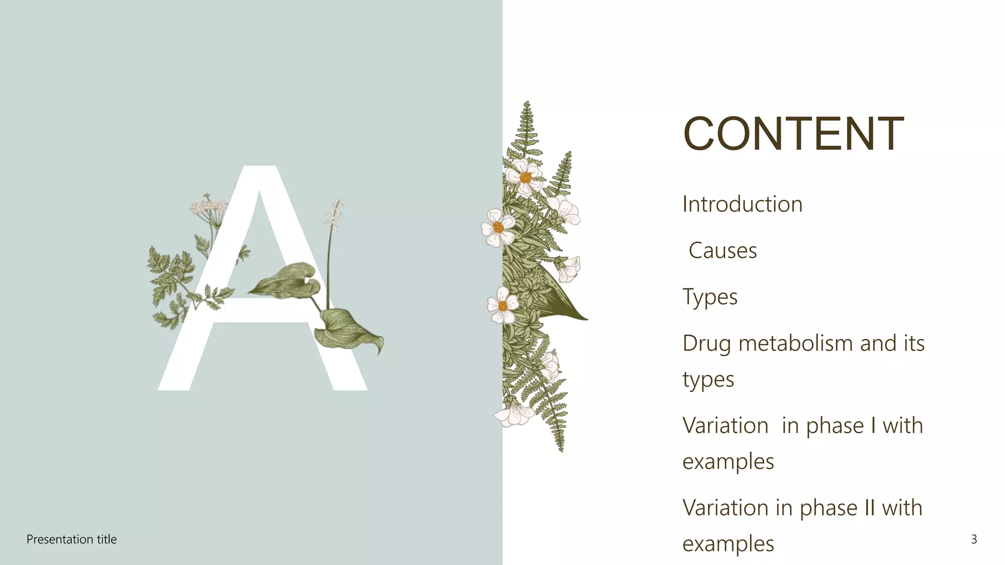 Introduction
Causes
Types
Drug metabolism and its
types
Variation in phase I with
examples
Variation in phase II with
examples
Presentation title 3
CONTENT
 