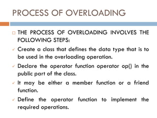 PROCESS OF OVERLOADING
 THE PROCESS OF OVERLOADING INVOLVES THE
FOLLOWING STEPS:
 Create a class that defines the data type that is to
be used in the overloading operation.
 Declare the operator function operator op() in the
public part of the class.
 It may be either a member function or a friend
function.
 Define the operator function to implement the
required operations.
 