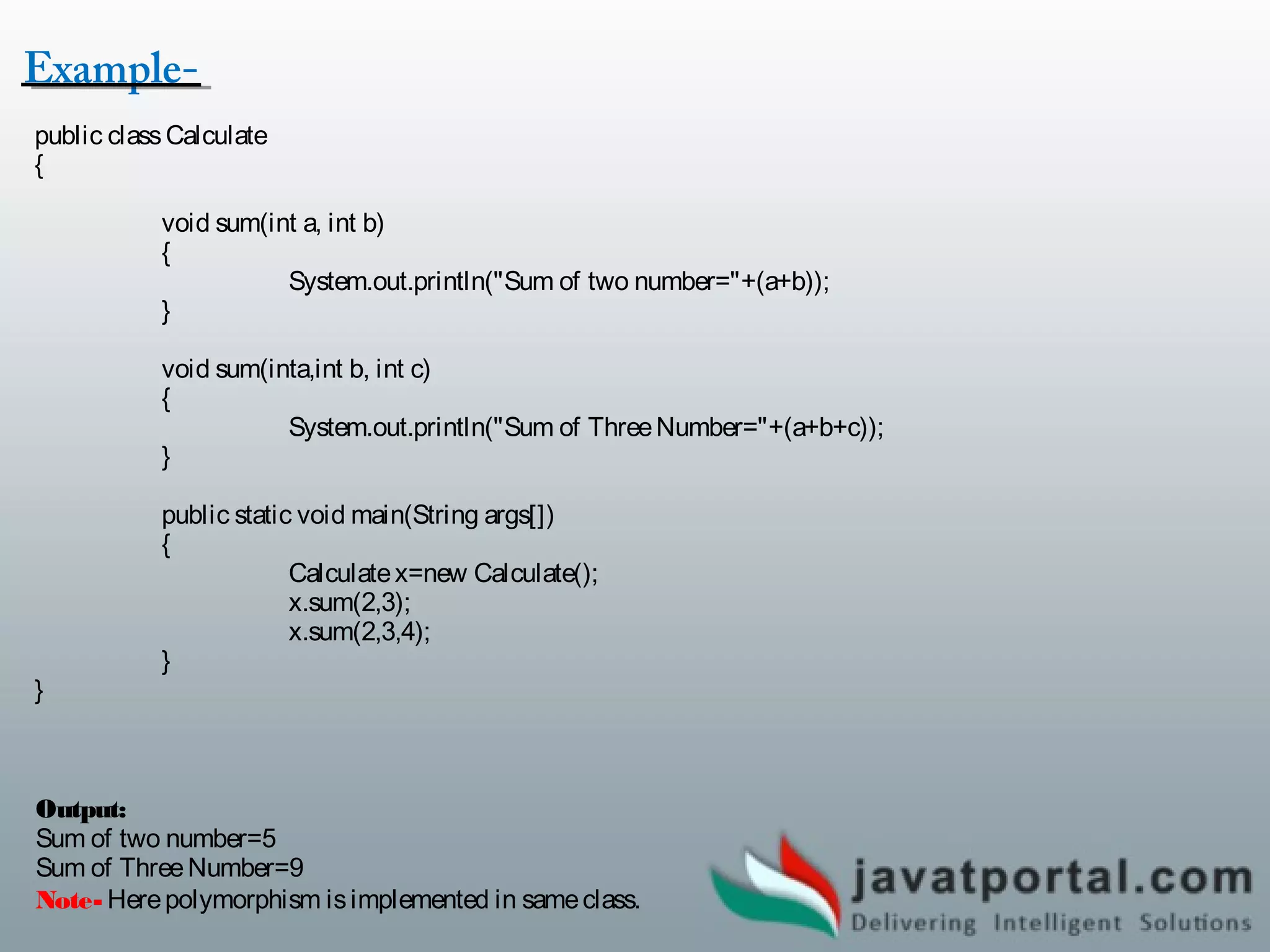 Polymorphism in java, method overloading and method overriding | PPT