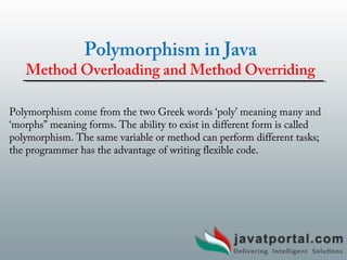 Polymorphism in Java
Method Overloading and Method Overriding
Polymorphism in Java
Method Overloading and Method Overriding
Polymorphism come from the two Greek words ‘poly’ meaning many and
‘morphs” meaning forms. The ability to exist in different form is called
polymorphism. The same variable or method can perform different tasks;
the programmer has the advantage of writing flexible code.
 