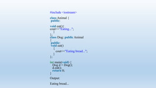 #include <iostream>
class Animal {
public:
void eat(){
cout<<"Eating...";
}
};
class Dog: public Animal
{
public:
void eat()
{
cout<<"Eating bread...";
}
};
int main(void) {
Dog d = Dog();
d.eat();
return 0;
}
Output:
Eating bread...
 